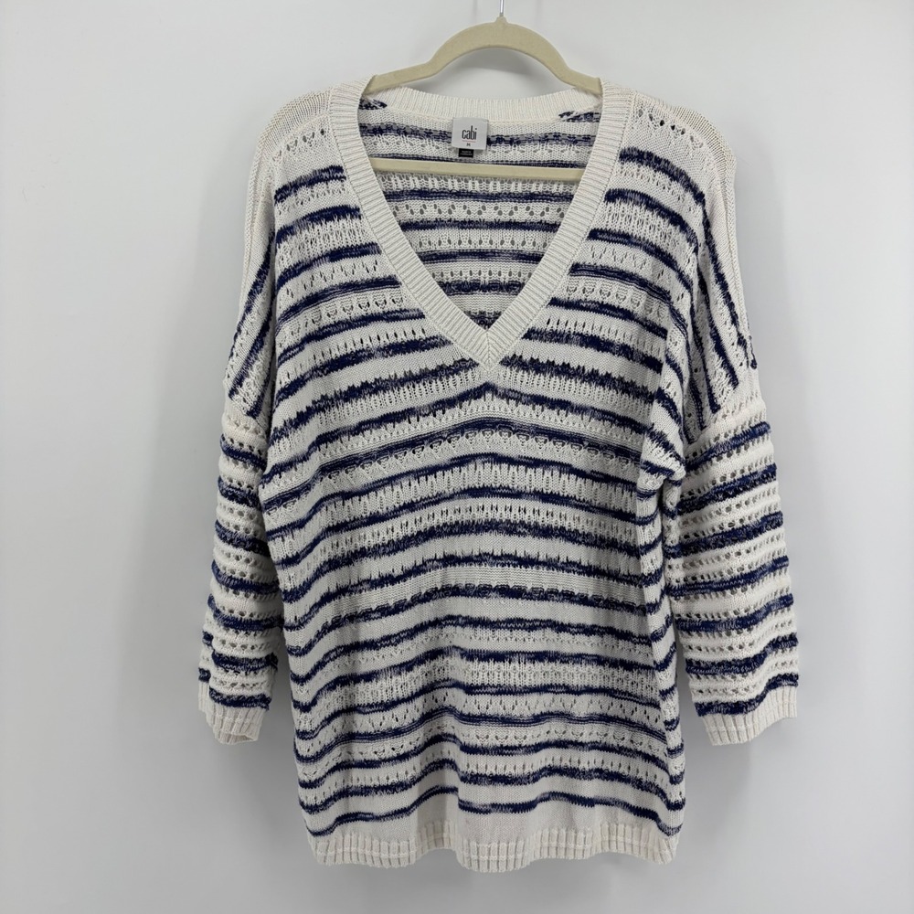 Cabi Womens Medium White Navy Blue Striped V-Neck Open Knit Sweater